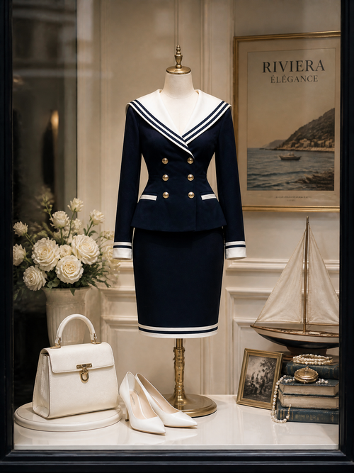 Nautical Navy Sailor Collar Blazer & Pencil Skirt Two-Piece Set