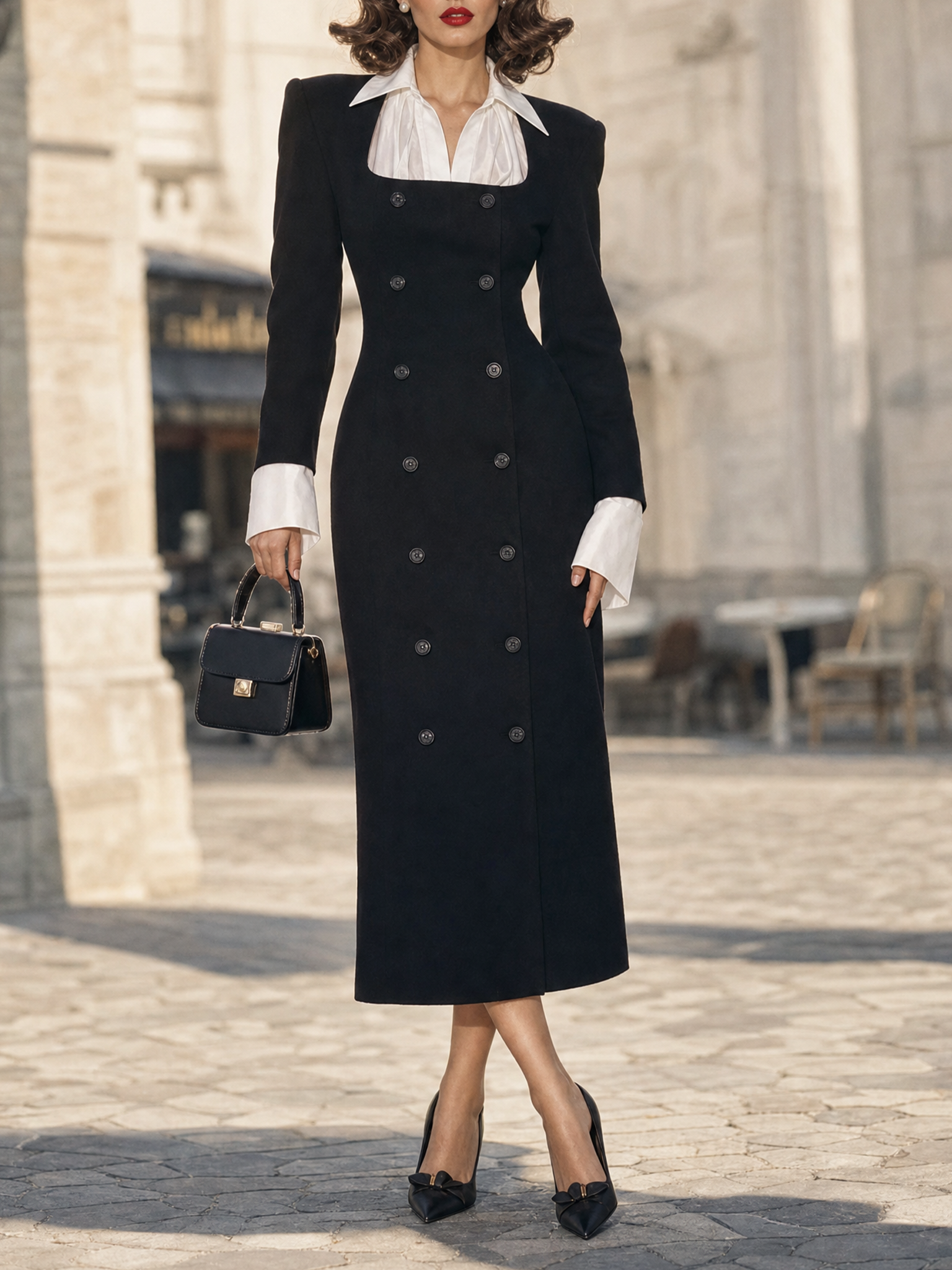 Vintage Black Illusion Two‑Piece Blazer Midi Dress Contrast Collar Double Breasted