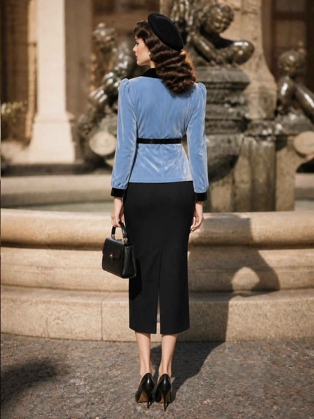 Vintage 1950s Blue Velvet Contrast Lapel Blouse & Black Mermaid Midi Skirt Co‑Ord Set
