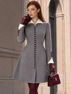 Vintage Hepburn-Style Wool-Blend Burgundy Button Coat Dress