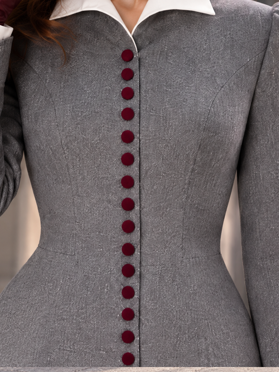 Vintage Hepburn-Style Wool-Blend Burgundy Button Coat Dress