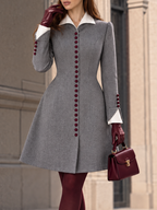 Vintage Hepburn-Style Wool-Blend Burgundy Button Coat Dress
