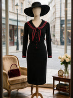 Vintage Black Red-Trim Sailor-Collar Bow Knit Cardigan