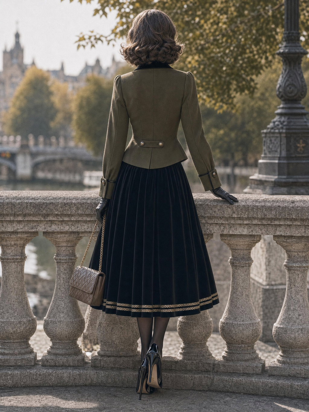 Vintage Velvet Gold‑trim Midi Skirt