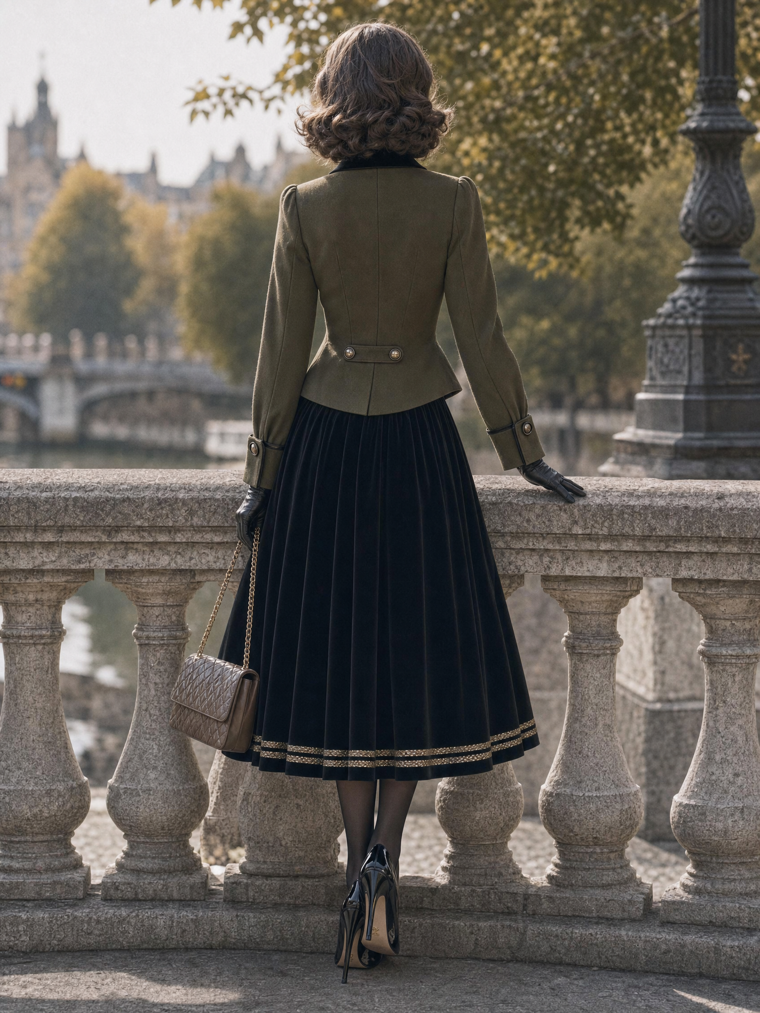 Vintage Velvet Gold‑trim Midi Skirt