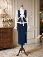 Vintage Bow Vest Midi Skirt Outfit