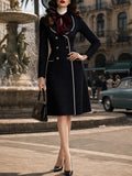 Vintage Black Polka-Dot Velvet-Bow Double-Breasted A-Line Dress