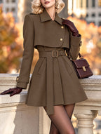 Retro Cape Lapel Gold Button Belted A-line Wool Coat