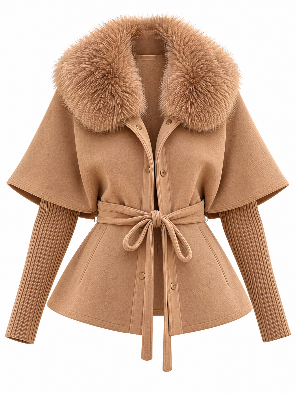 Vintage Faux Fur Collar Belted Cape Wool Coat