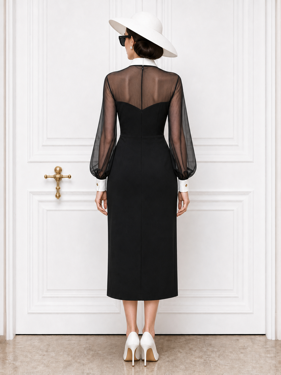 Vintage Mesh‑panel Slit Midi Dress