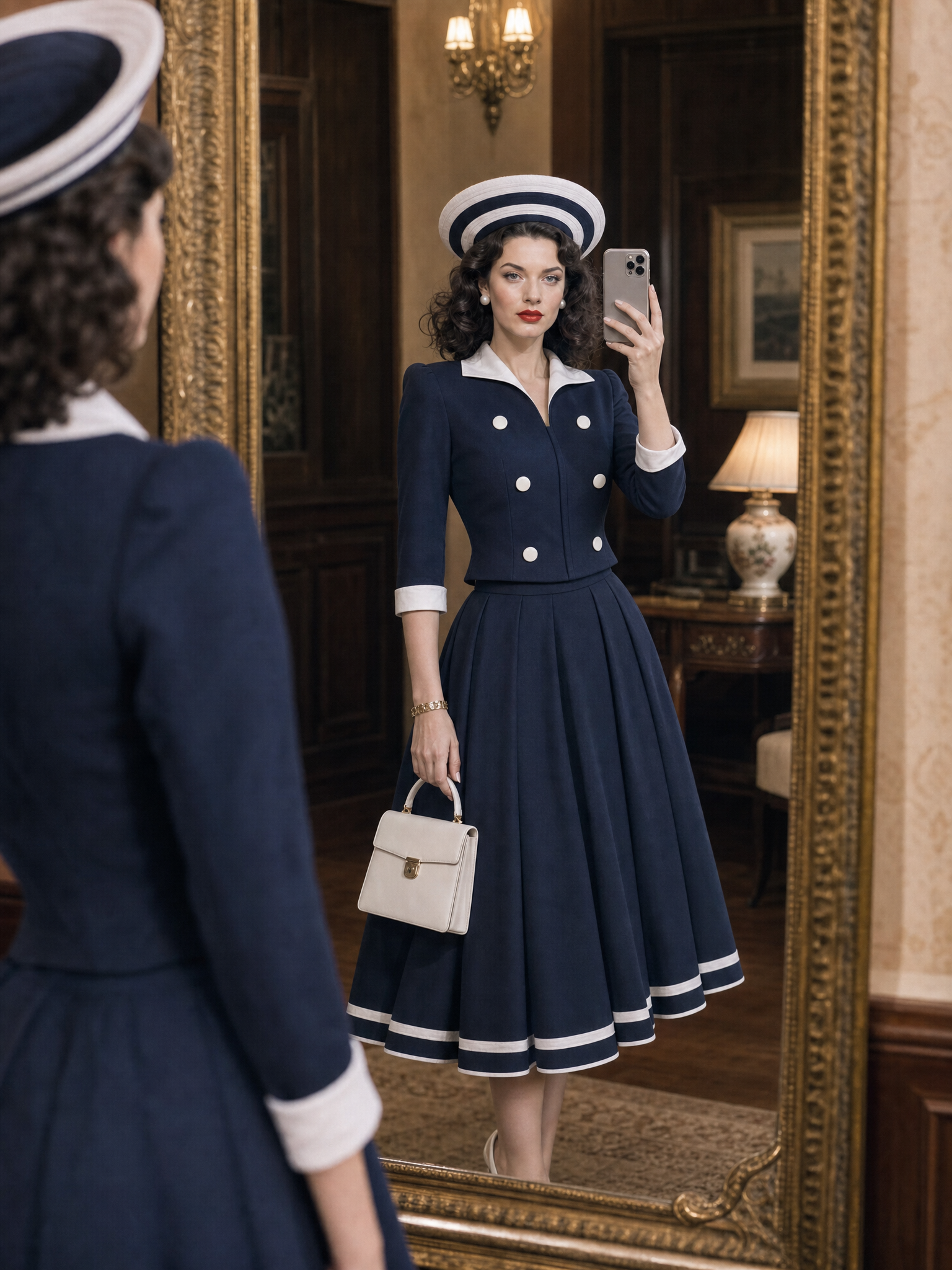 Vintage Hepburn Navy Two Piece Outfit Contrast Collar Top A‑Line Midi Skirt Set