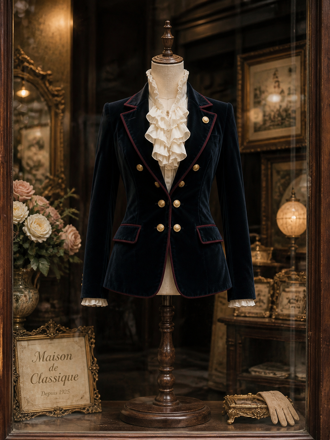 Vintage Peak Lapel Color‑trim Velvet Blazer