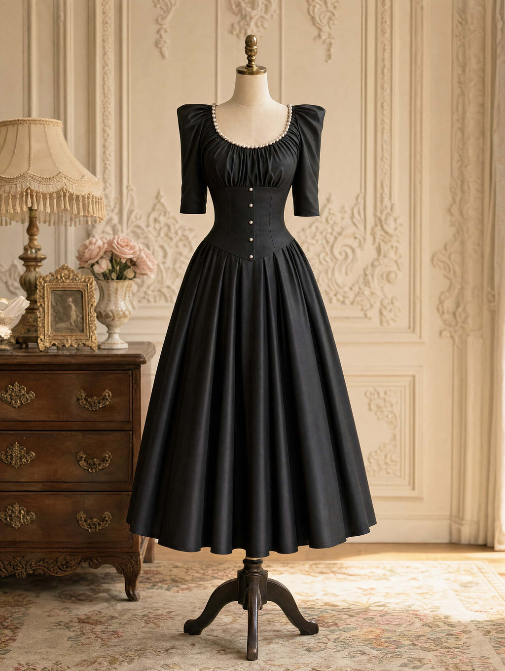 Vintage Pearl Neck Satin Midi Swing Dress
