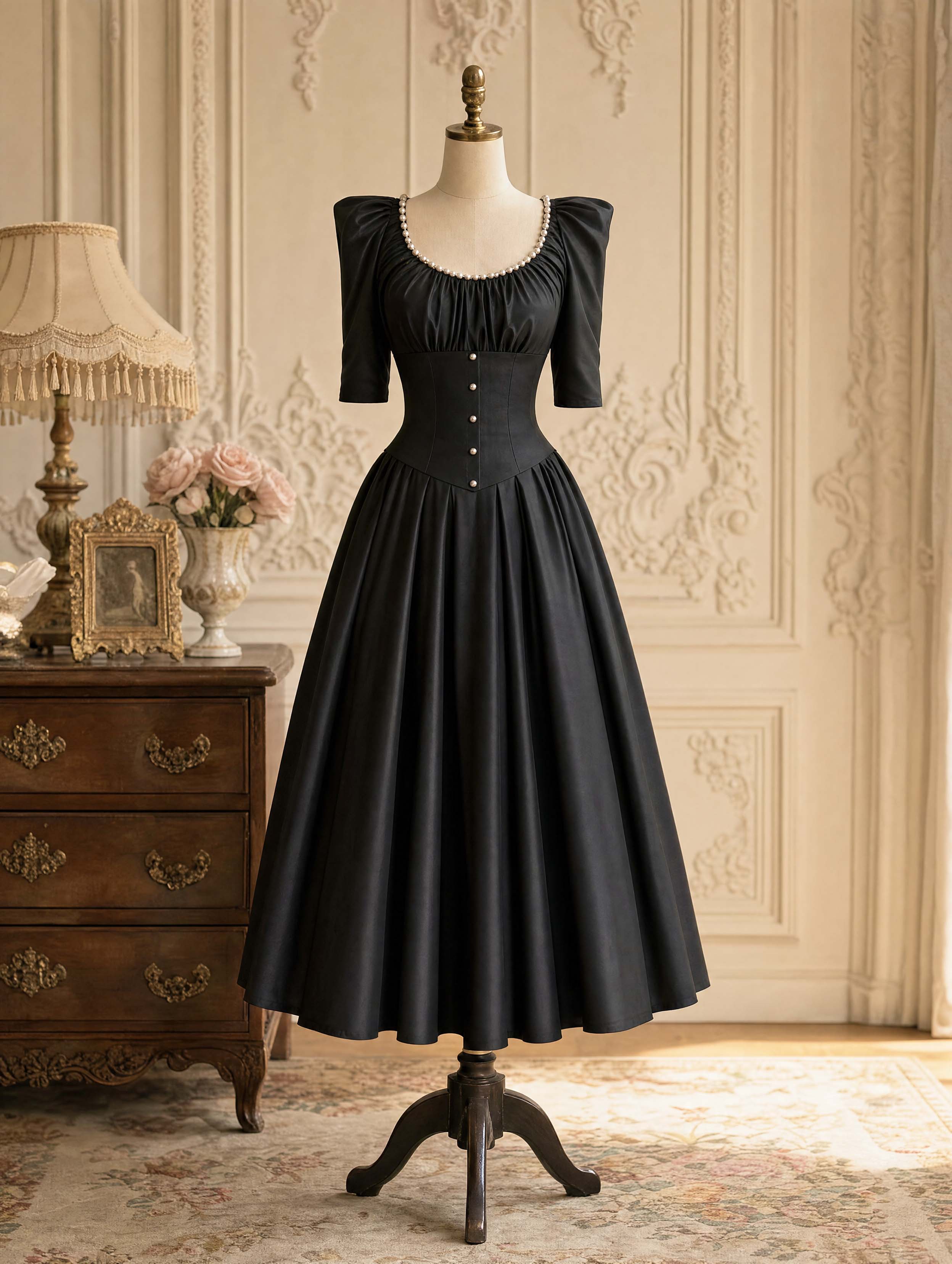 Vintage Pearl Neck Satin Midi Swing Dress