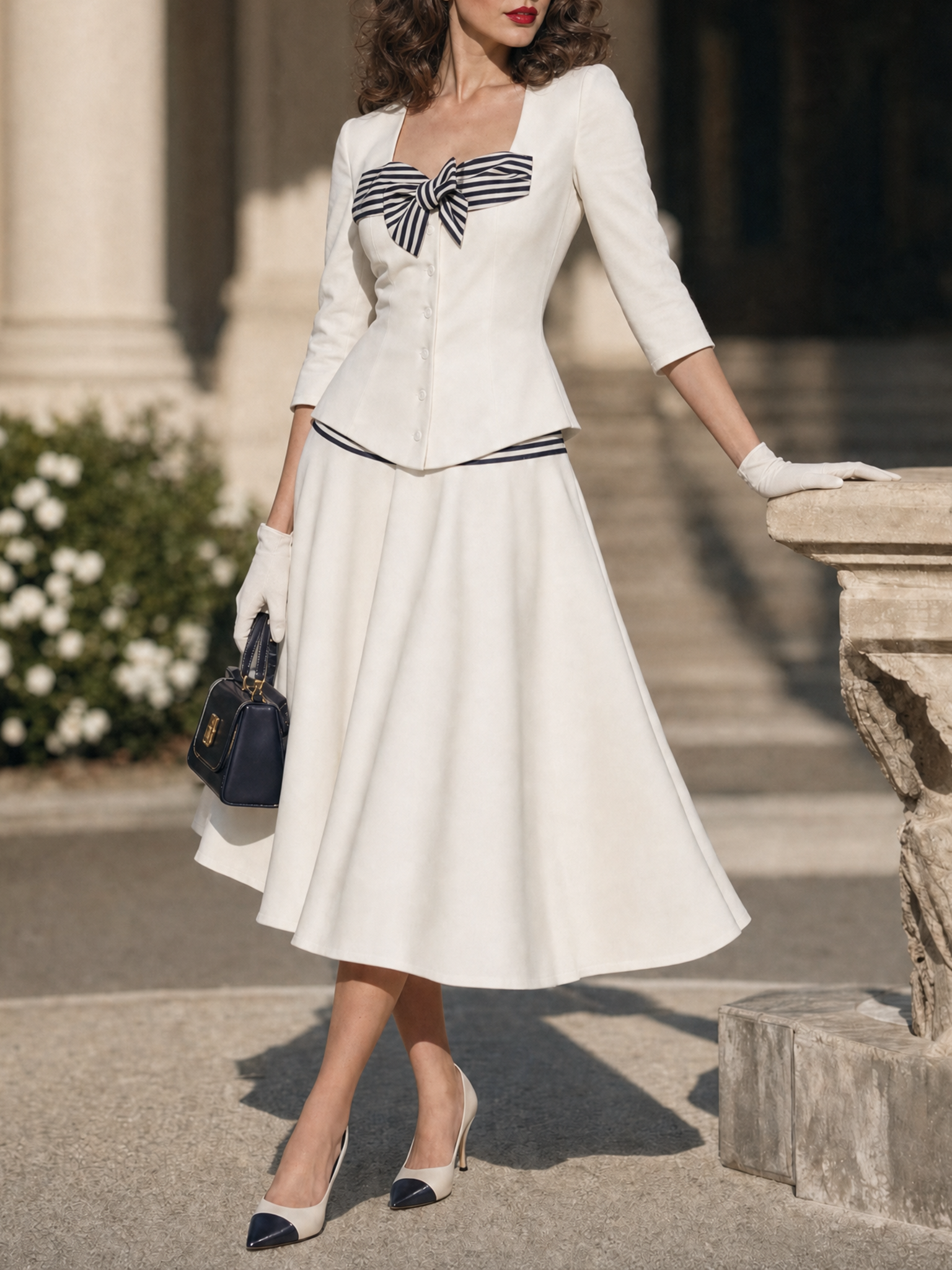 Vintage Slim Striped Bow Square-Neck Two-Piece Commuter Skirt Sets