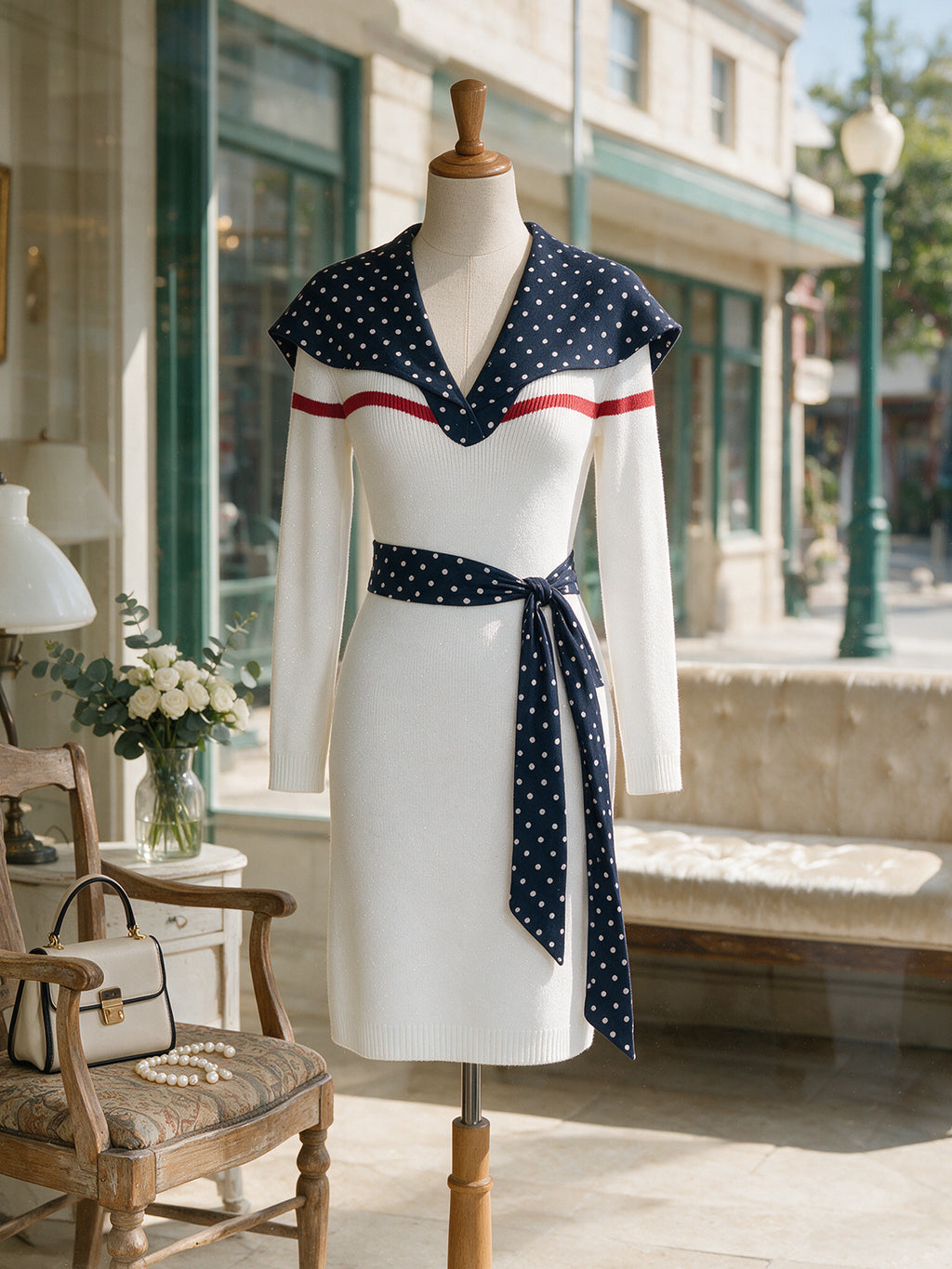 Vintage White Navy Polka-Dot Sailor-Collar Knit Dress