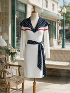 Vintage White Navy Polka-Dot Sailor-Collar Knit Dress