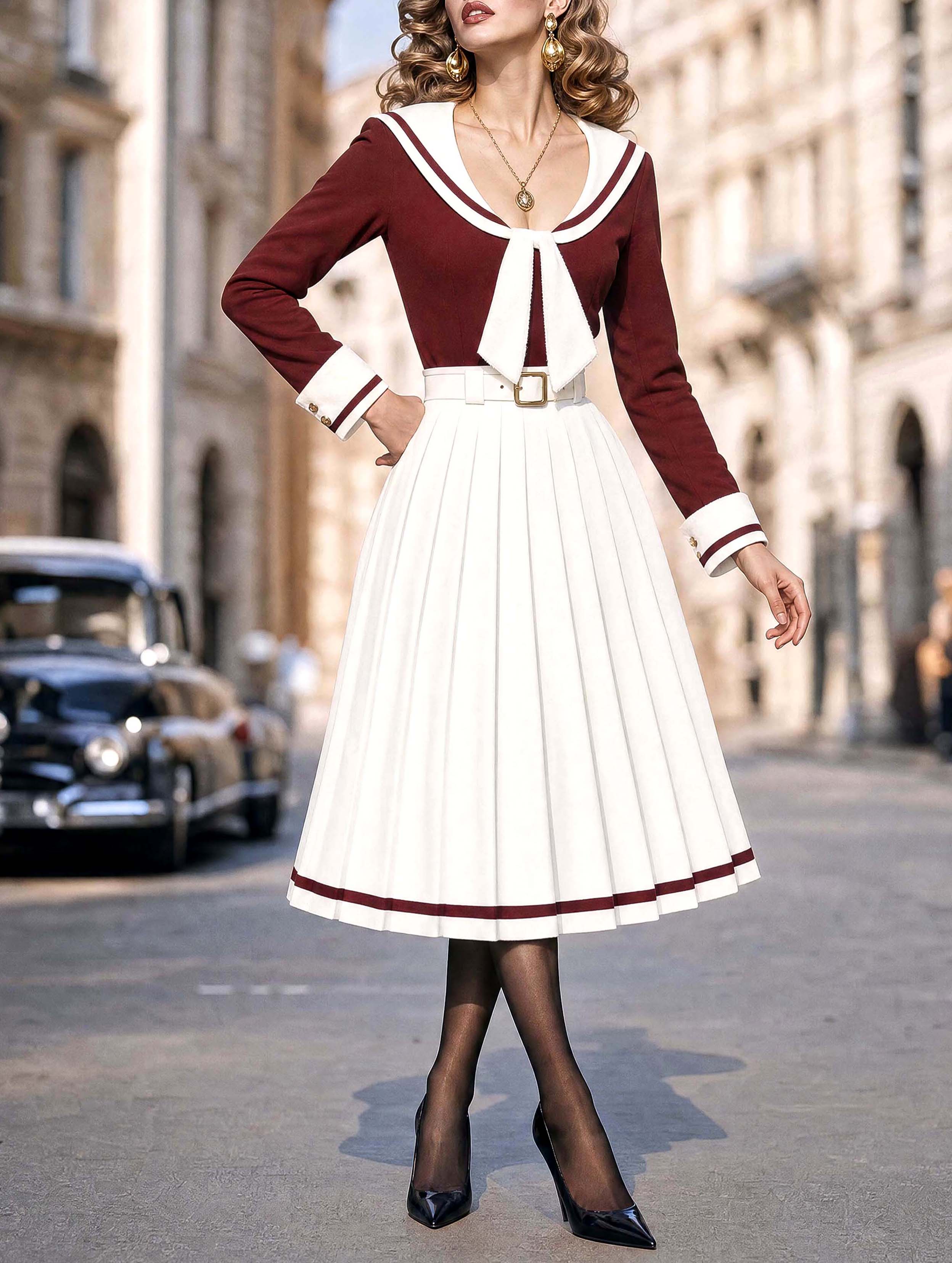 Vintage Contrast Trim Midi Dress