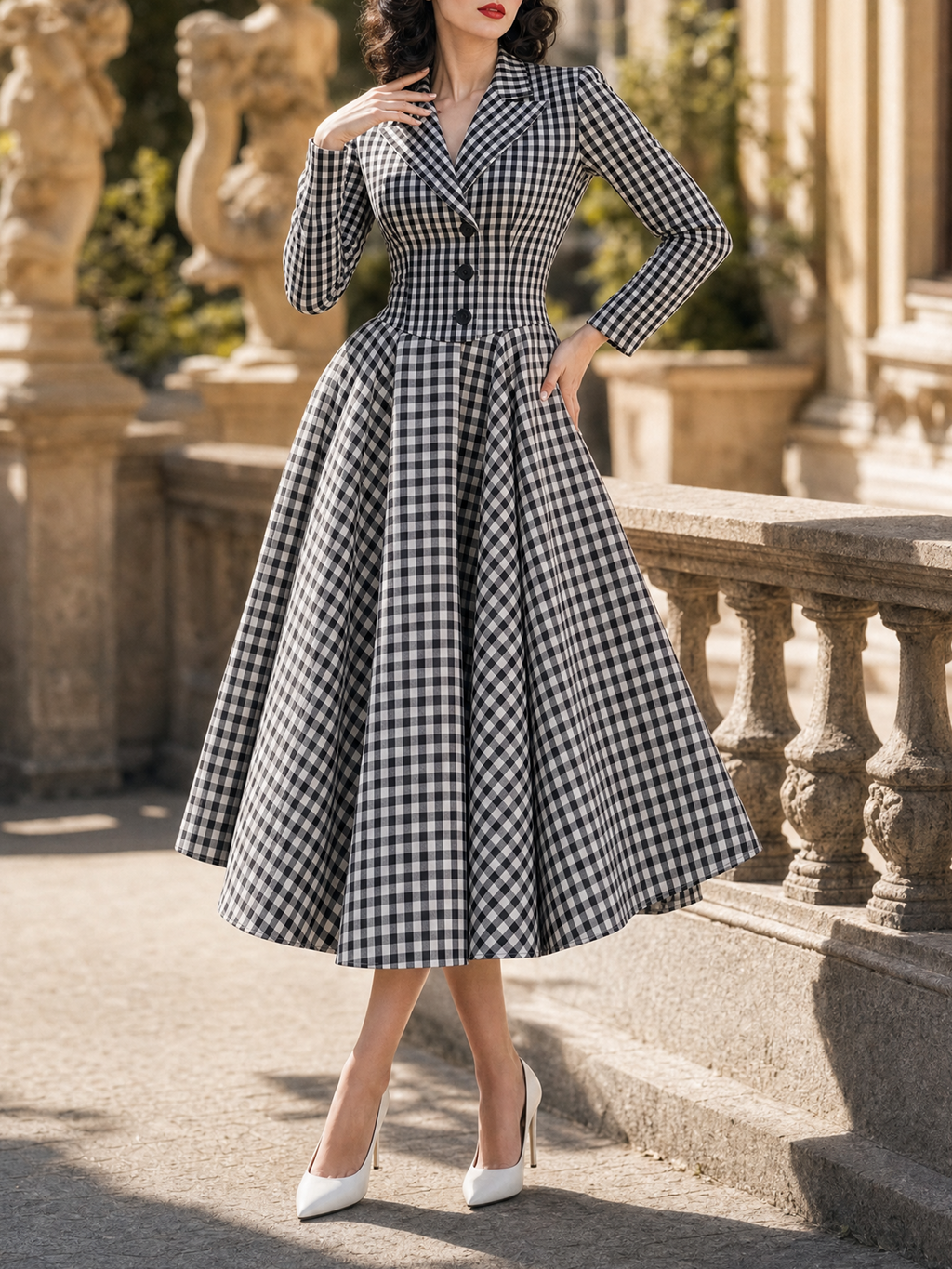 Vintage 1950s Black White Gingham Blazer Collar Fit And Flare Midi Dress