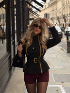 Vintage Black High Neck Gold Zip Belted Peplum Long Sleeve Jacket