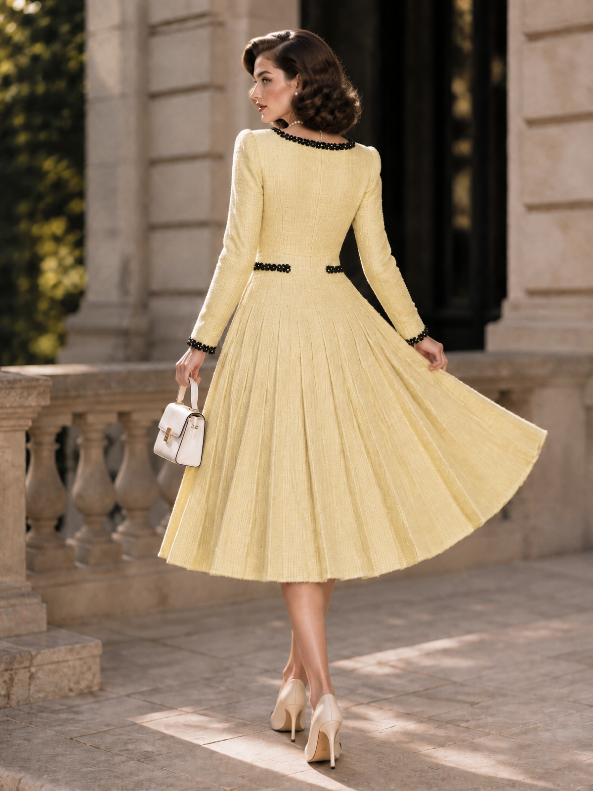 Vintage Thick-Woven Colorblock Webbing Pleated Belted Midi Dress