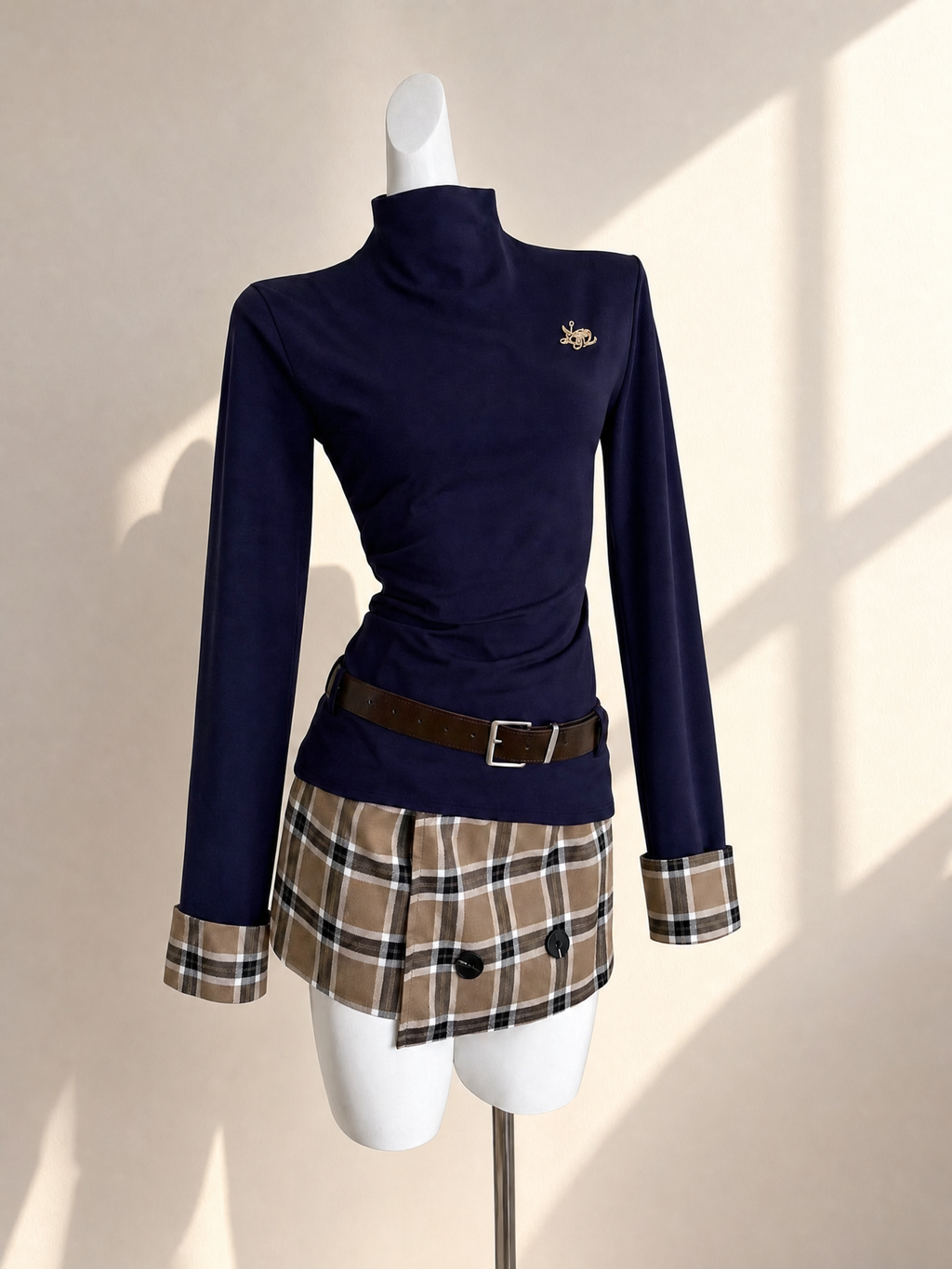 Vintage College Outfit Navy Mock Neck Top Plaid Mini Skirt Two‑Piece Set