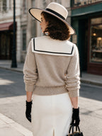 Vintage Beige Sailor-Collar Fuzzy Mohair Knit Sweater