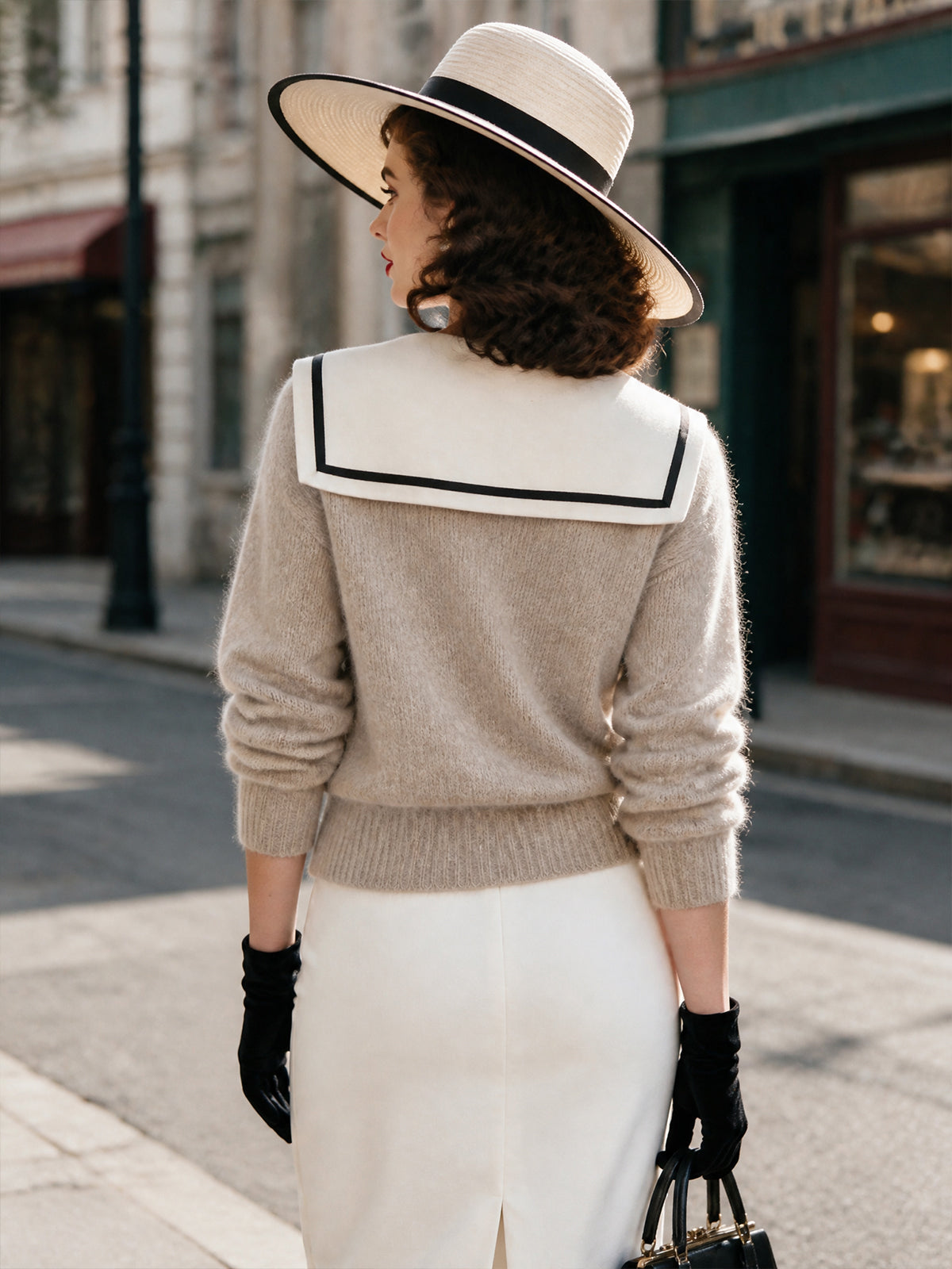 Vintage Beige Sailor-Collar Fuzzy Mohair Knit Sweater