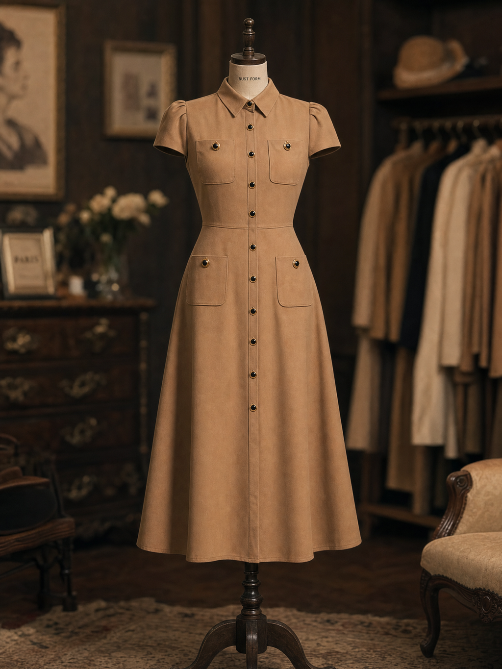 Vintage Cargo Collared Button Down A-Line Midi Dress