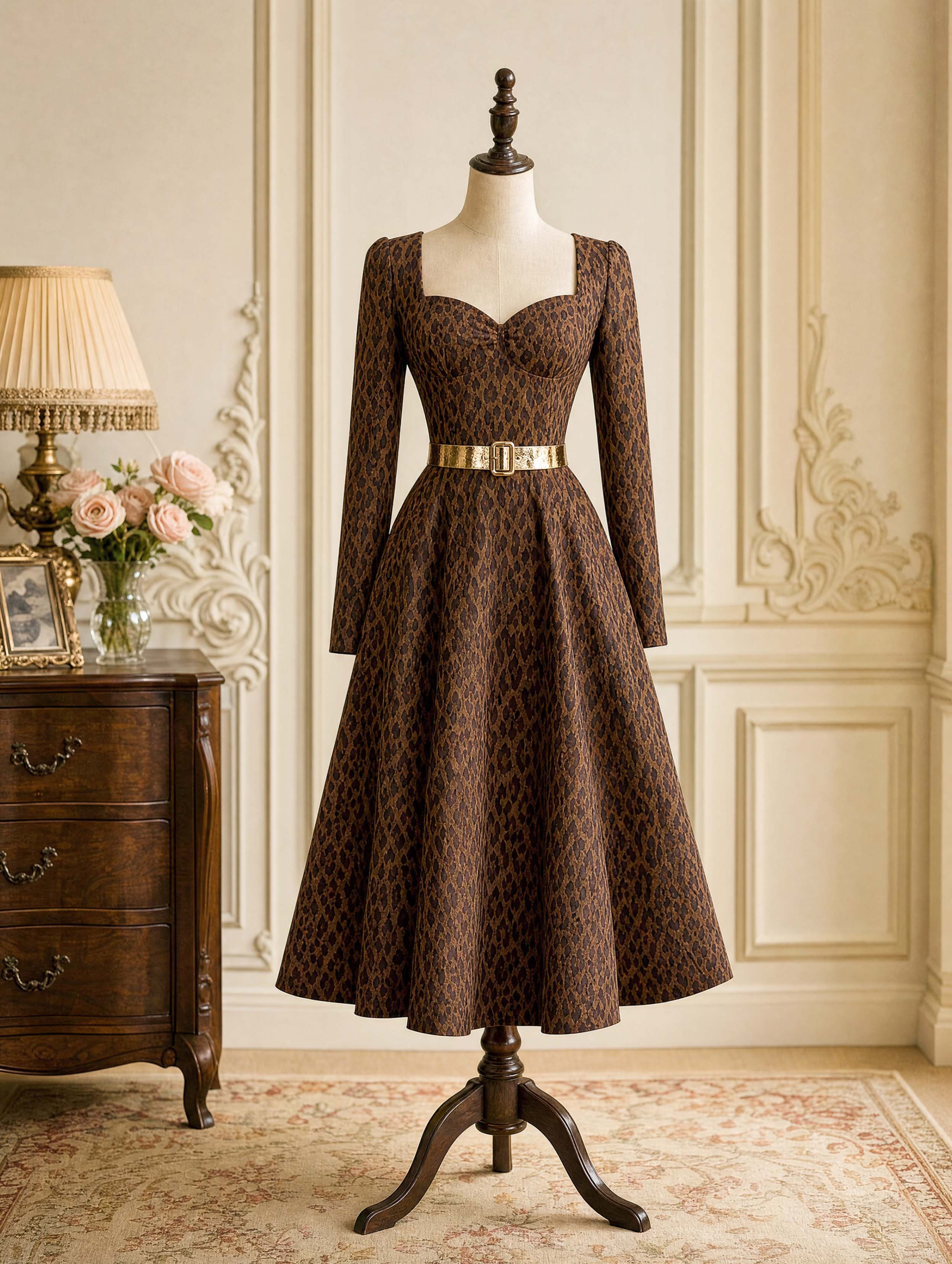 Vintage Leopard Square Neck Midi Dress