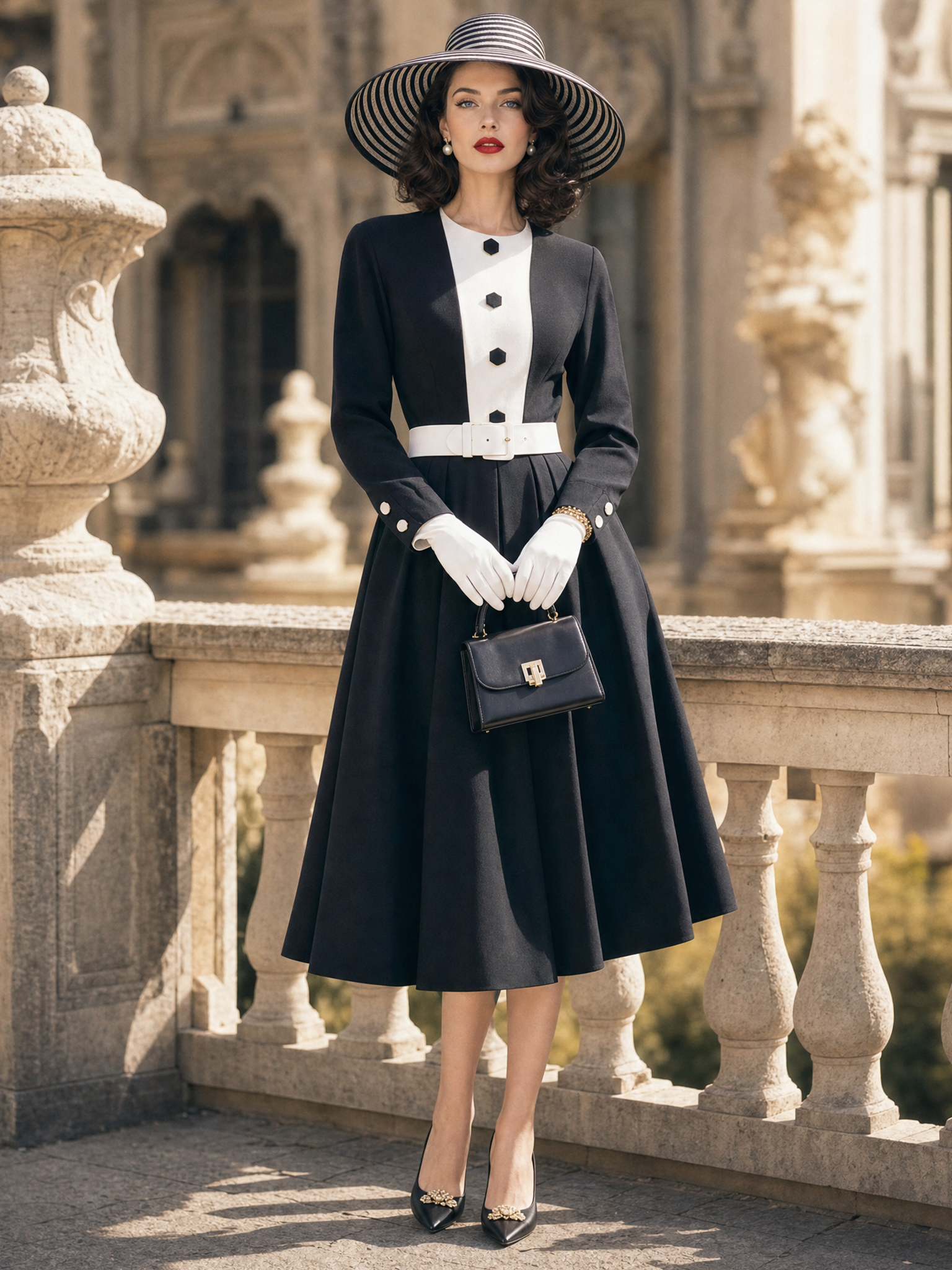 Vintage Color Block Long Sleeve Belted A‑Line Swing Cocktail Office Midi Dress