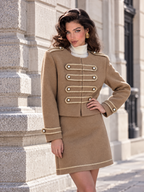 Vintage Double Breasted Round Neck Woolen Blazer & Skirt Set
