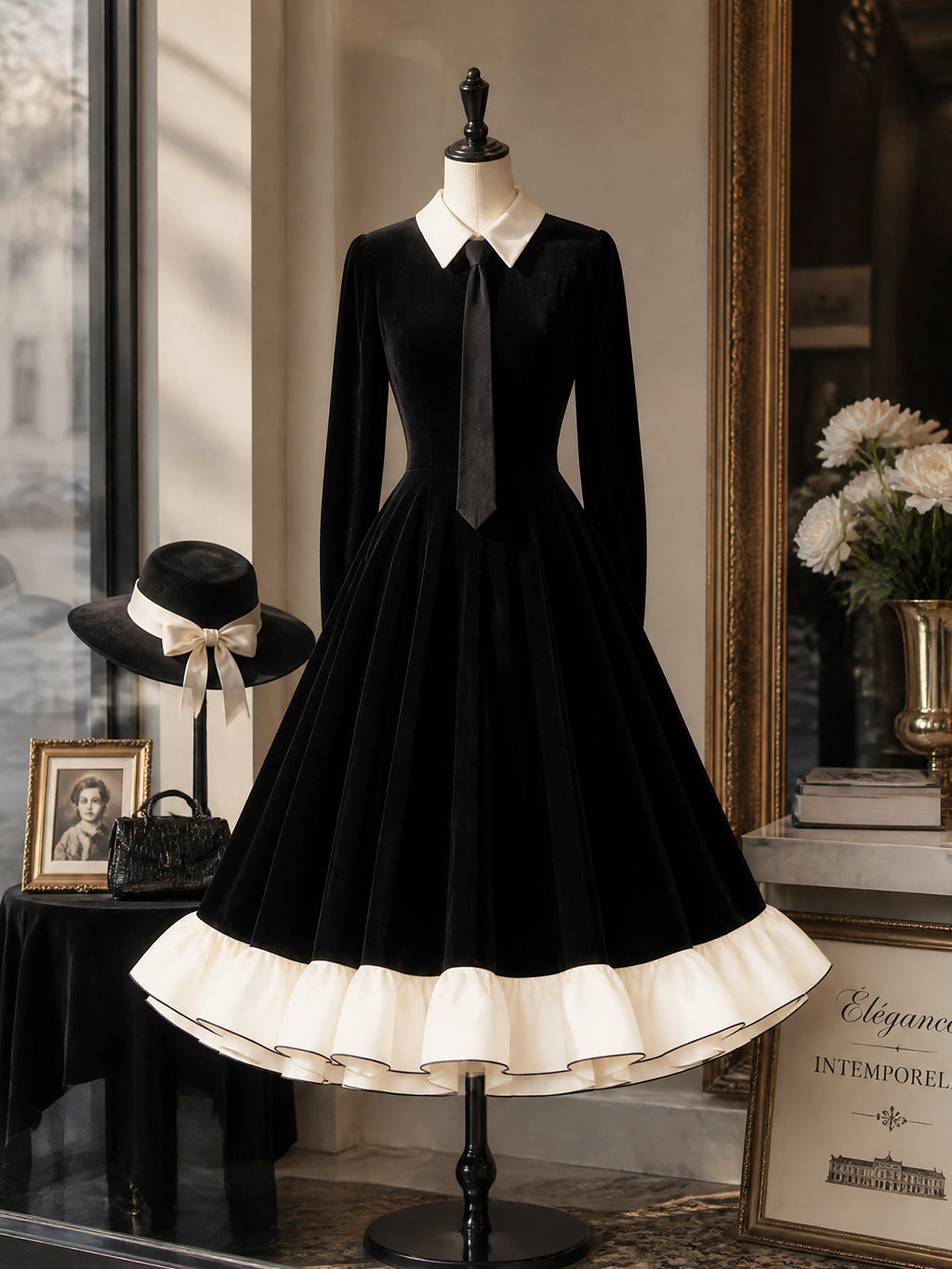 Vintage Black Velvet White-Collar Tie-Neck A-Line Dress