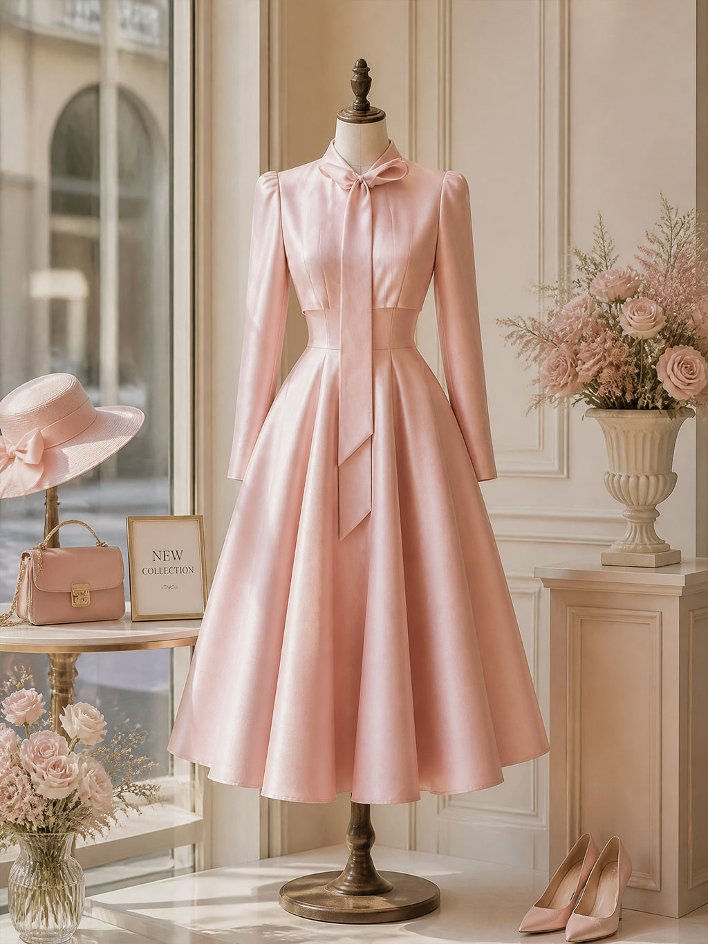 Vintage Pink Bow-Tie Neck Satin A-Line Midi Dress