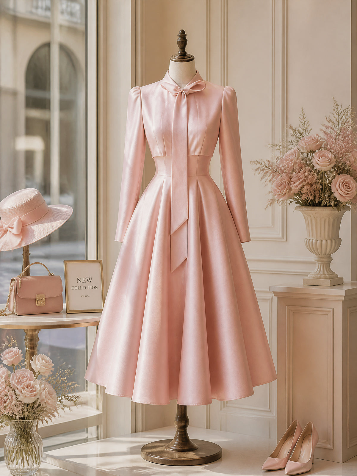 Vintage Pink Bow-Tie Neck Satin A-Line Midi Dress
