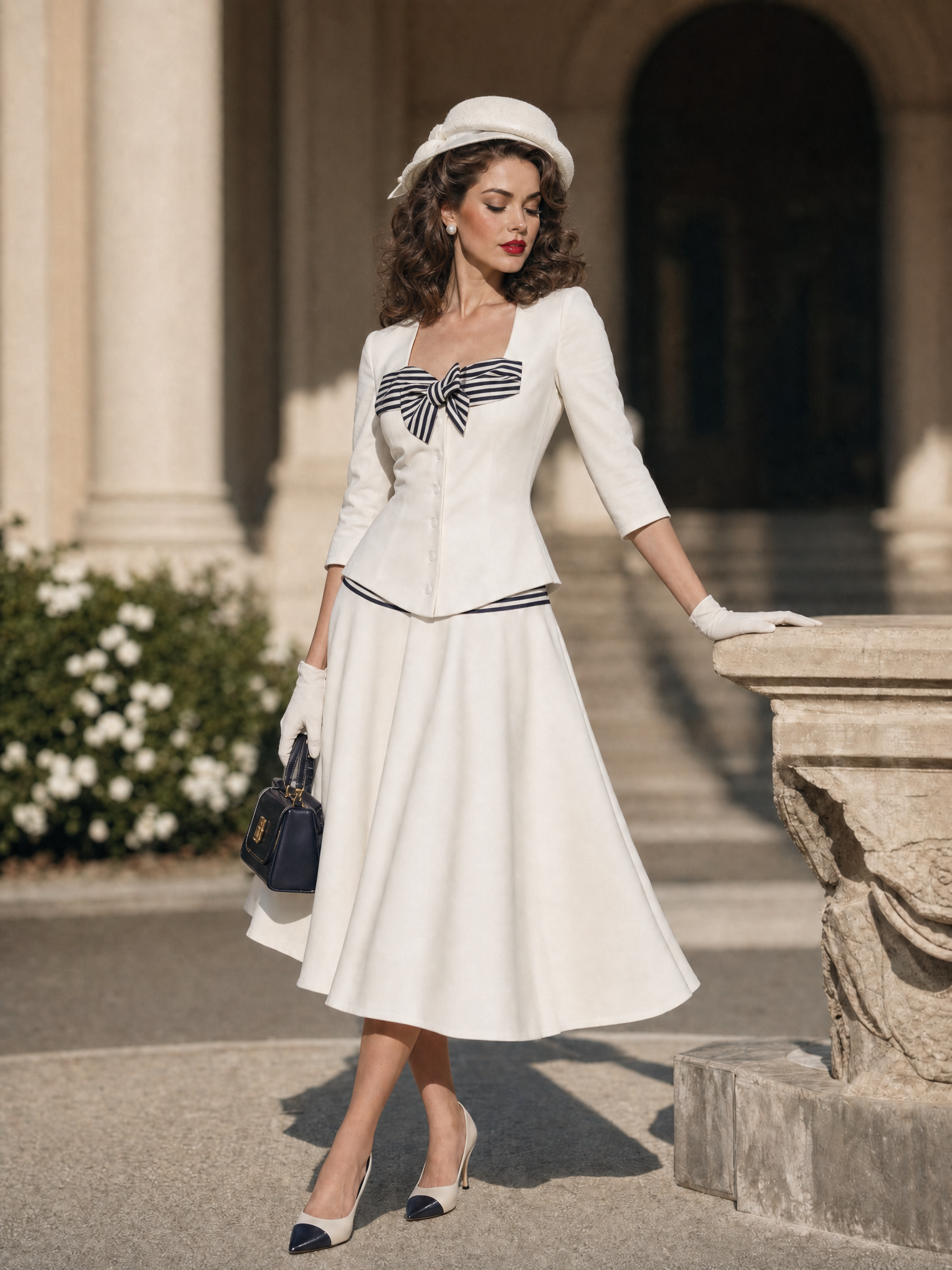 Vintage Slim Striped Bow Square-Neck Two-Piece Commuter Skirt Sets