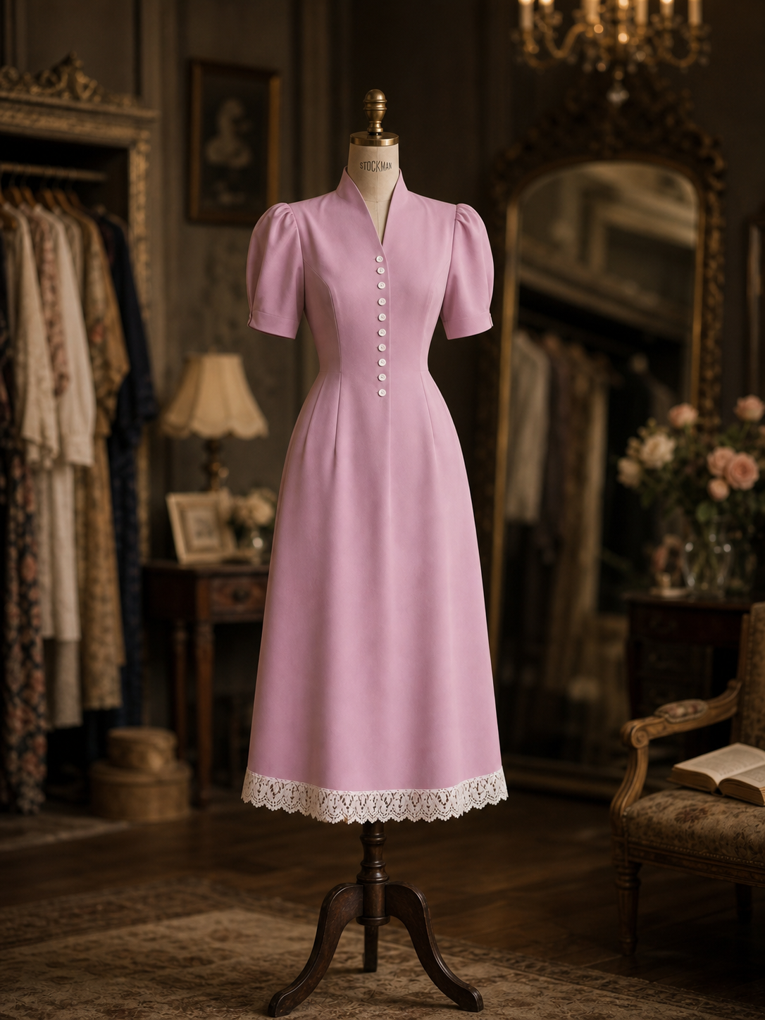 Vintage Blush Pink Stand Collar Puff Sleeve Button Front Lace Hem Midi Dress