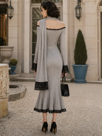 Vintage Grey Off-Shoulder Knit Dress With Scarf