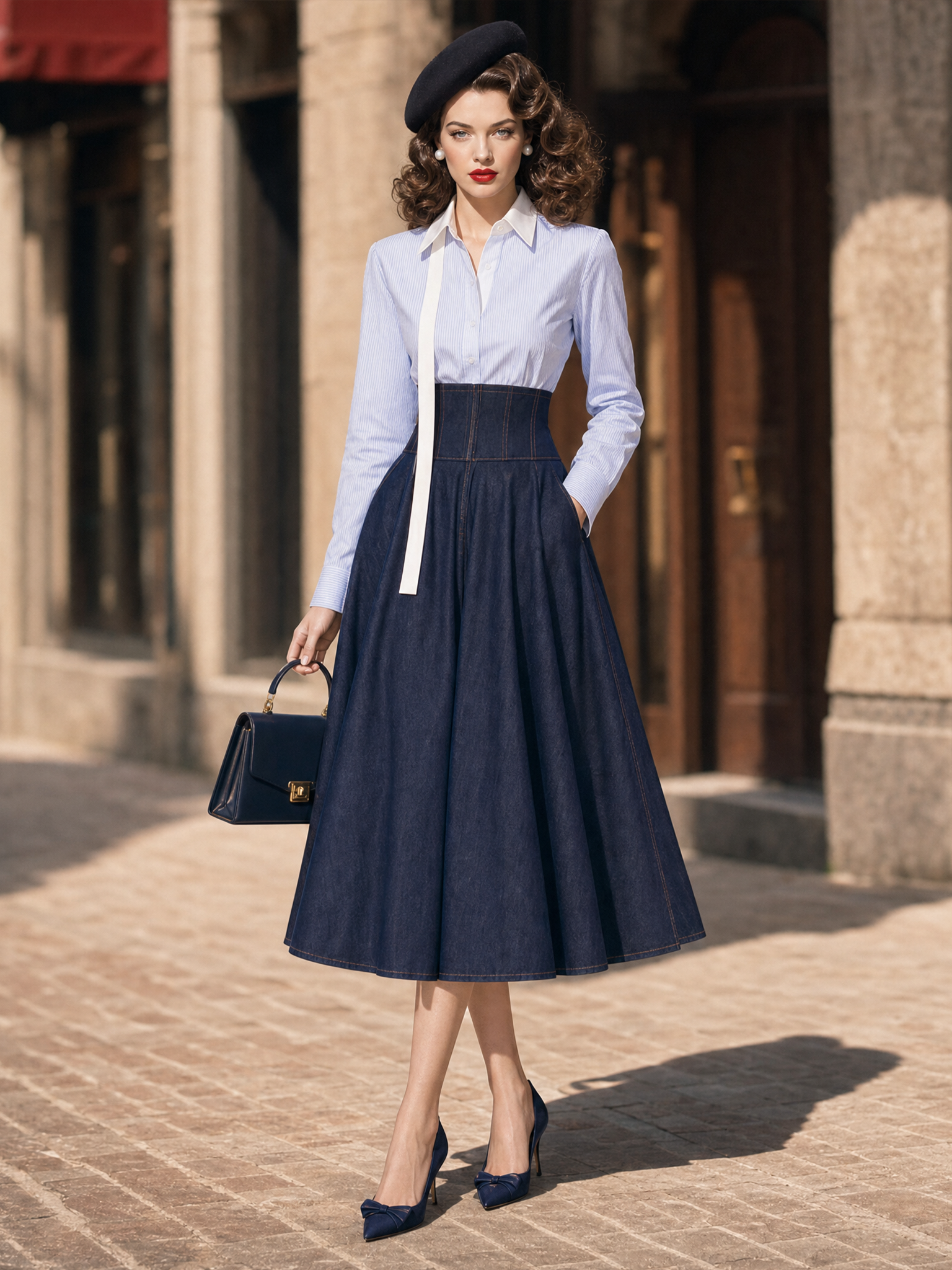 Vintage High Waist Denim Midi Skirt A‑Line Flared Swing Skirt 2PS