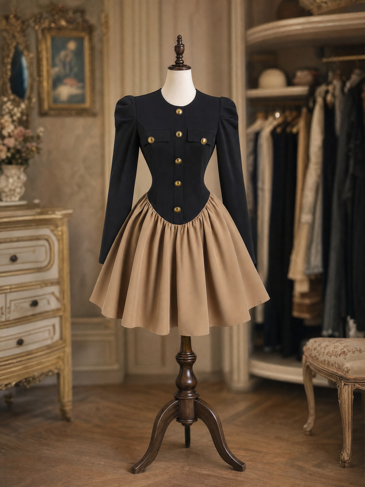 Vintage Colorblock Puff Sleeve Gold Button Fit‑Flare Mini Dress