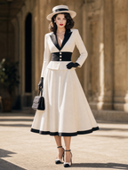 Vintage Lapel Blazer Pearl Button Waistband Midi Skirt Two‑Piece Set