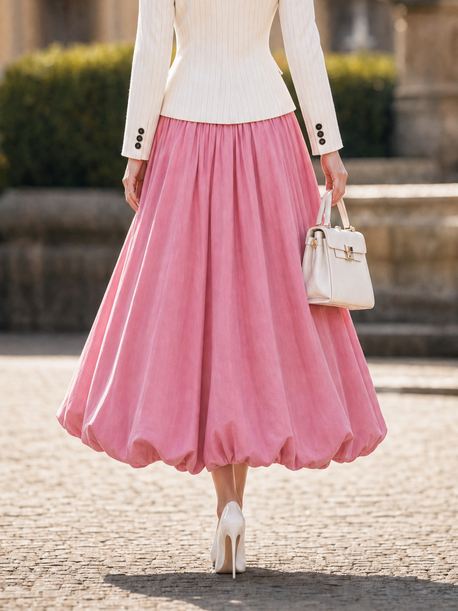 Vintage High Waist Pleated Bubble Hem Swing Midi Skirt