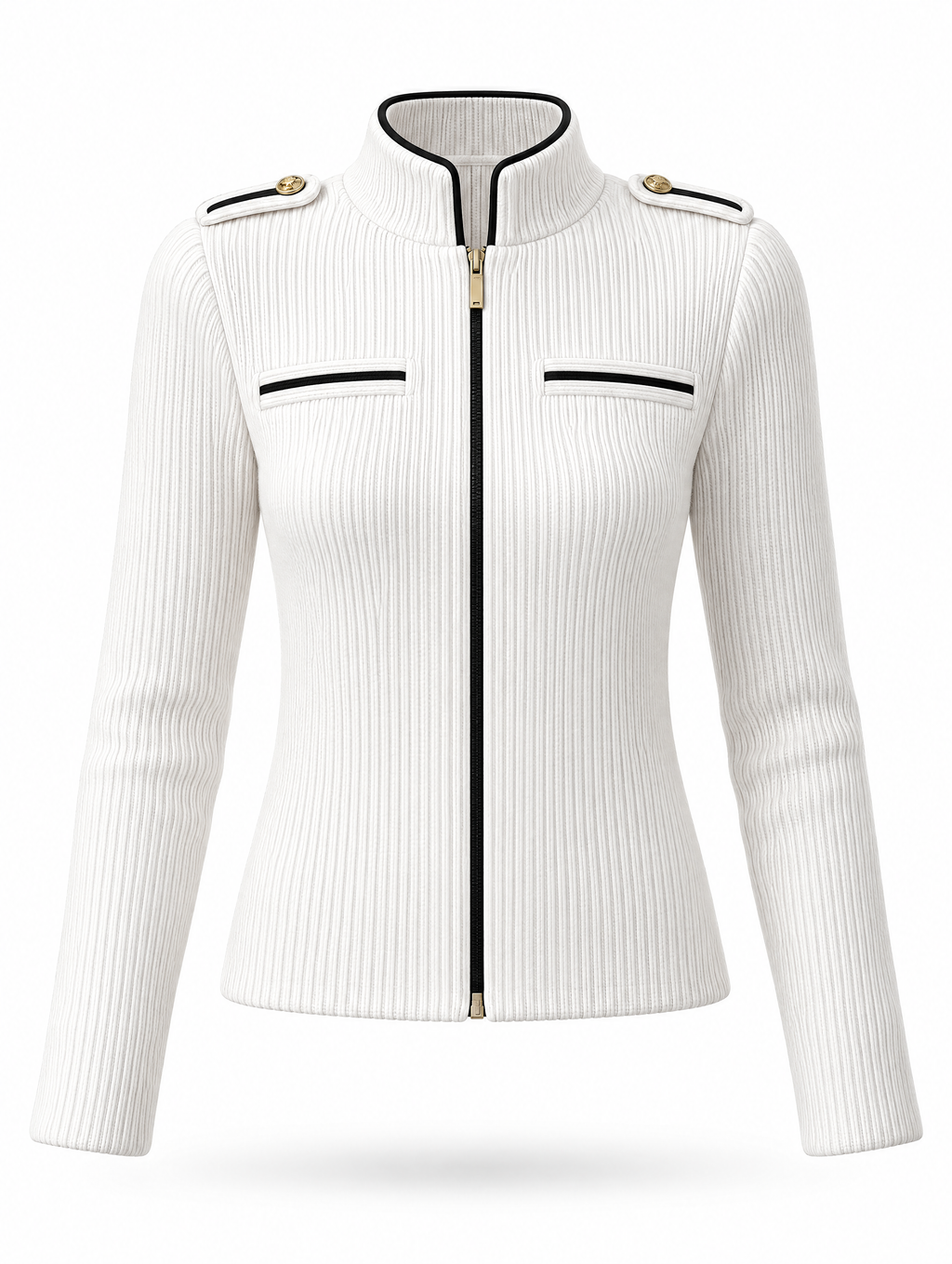 Retro Rib Knit Zip‑Up Shoulder Epaulet Jacket
