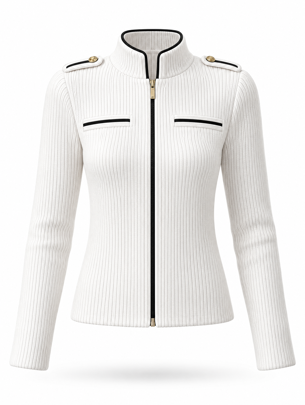 Retro Rib Knit Zip‑Up Shoulder Epaulet Jacket