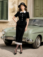 Vintage Black Velvet Peplum Top & Bodycon Pencil Skirt Two-Piece Set