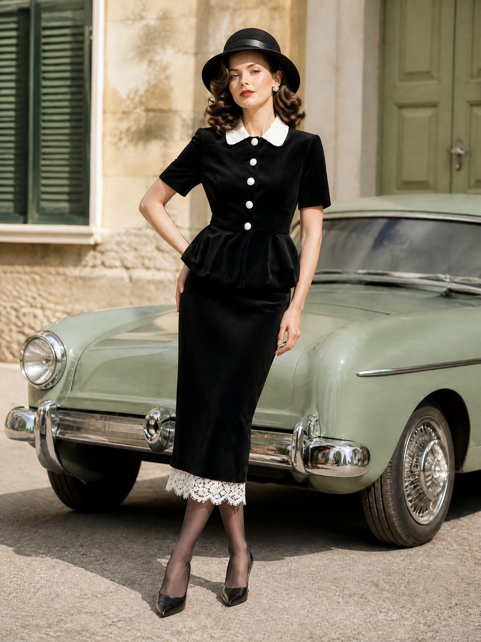 Vintage Black Velvet Peplum Top & Bodycon Pencil Skirt Two-Piece Set