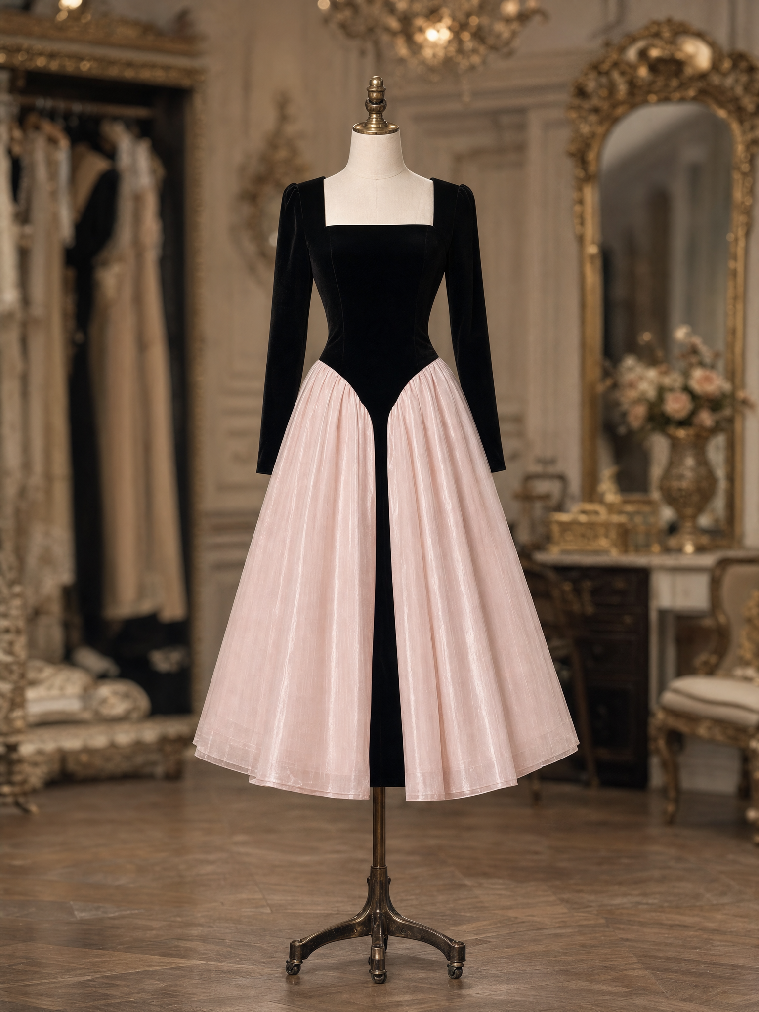Vintage Color Block Square Neck Long Sleeve Velvet Tulle Midi Dress