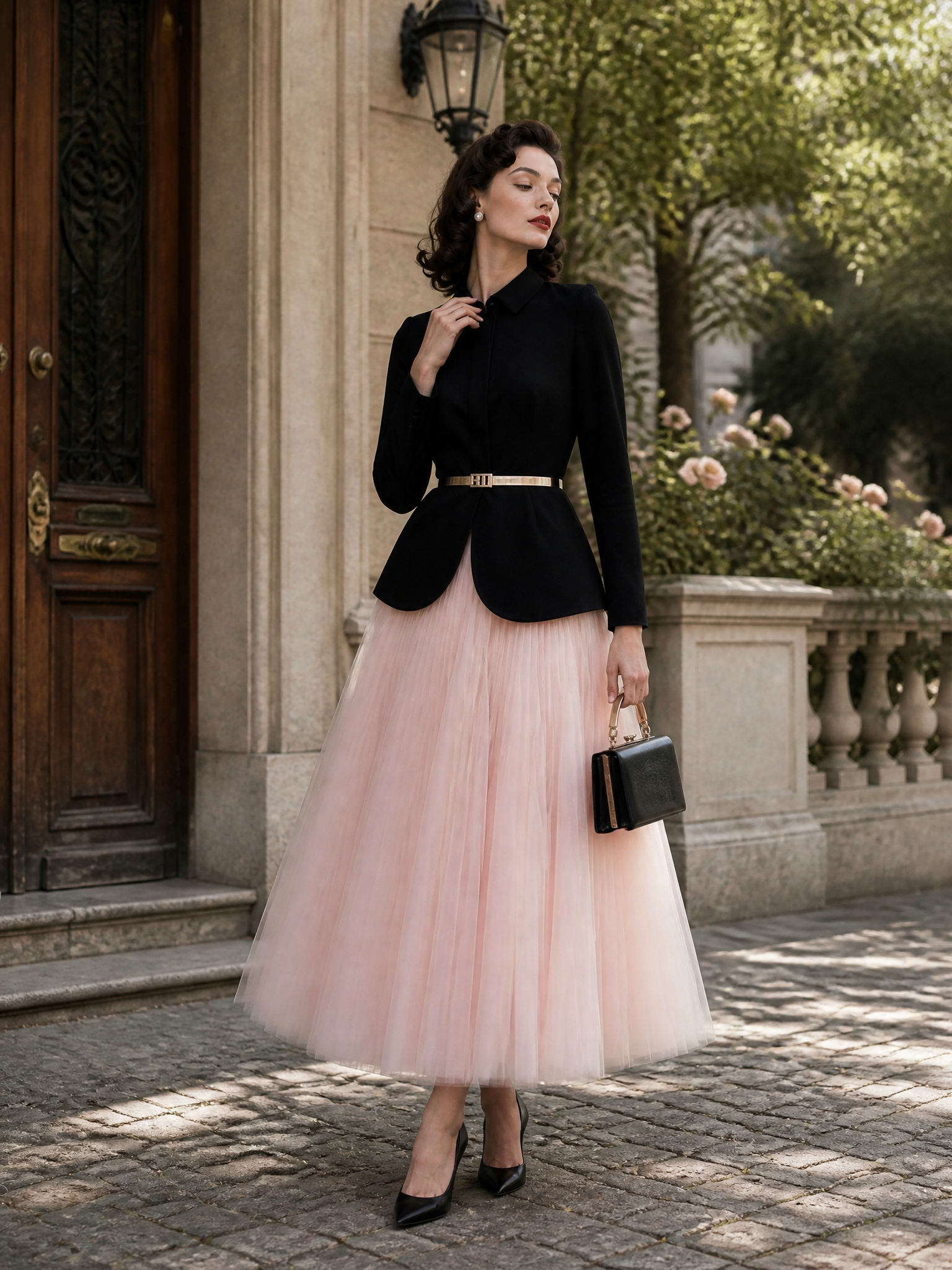 Vintage Cinched Waist Top & Tulle Skirt Two-Piece Set