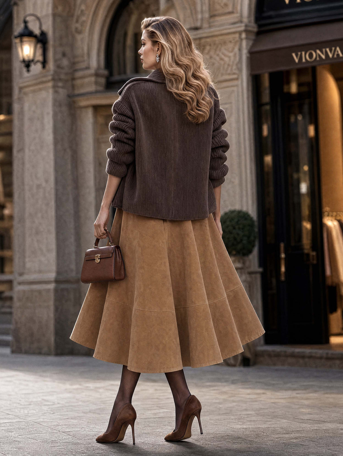 Vintage Suede Feel A‑Line Midi Skirt