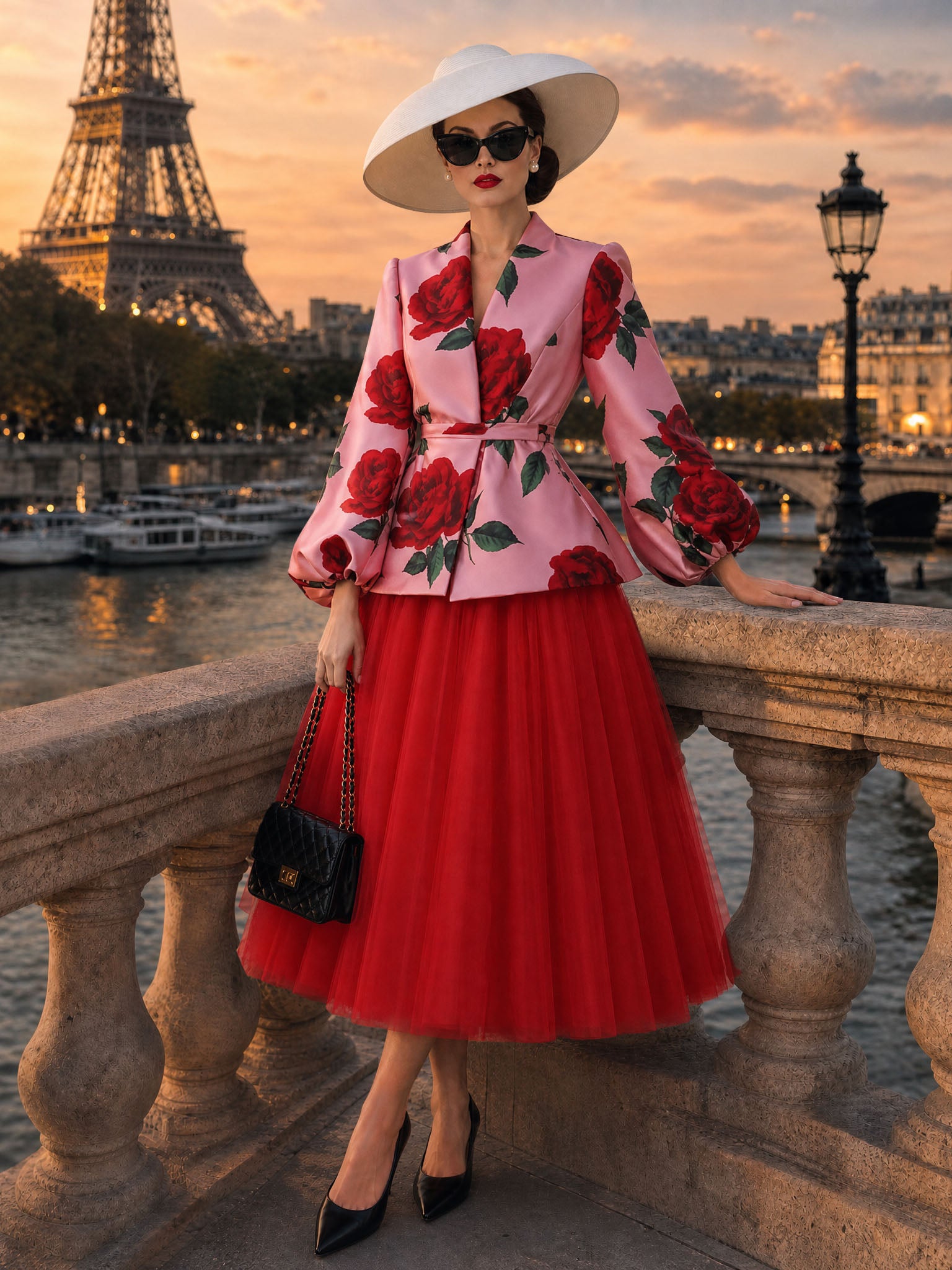 Vintage Printed Waist‑Tied Coat Tulle Skirt Set